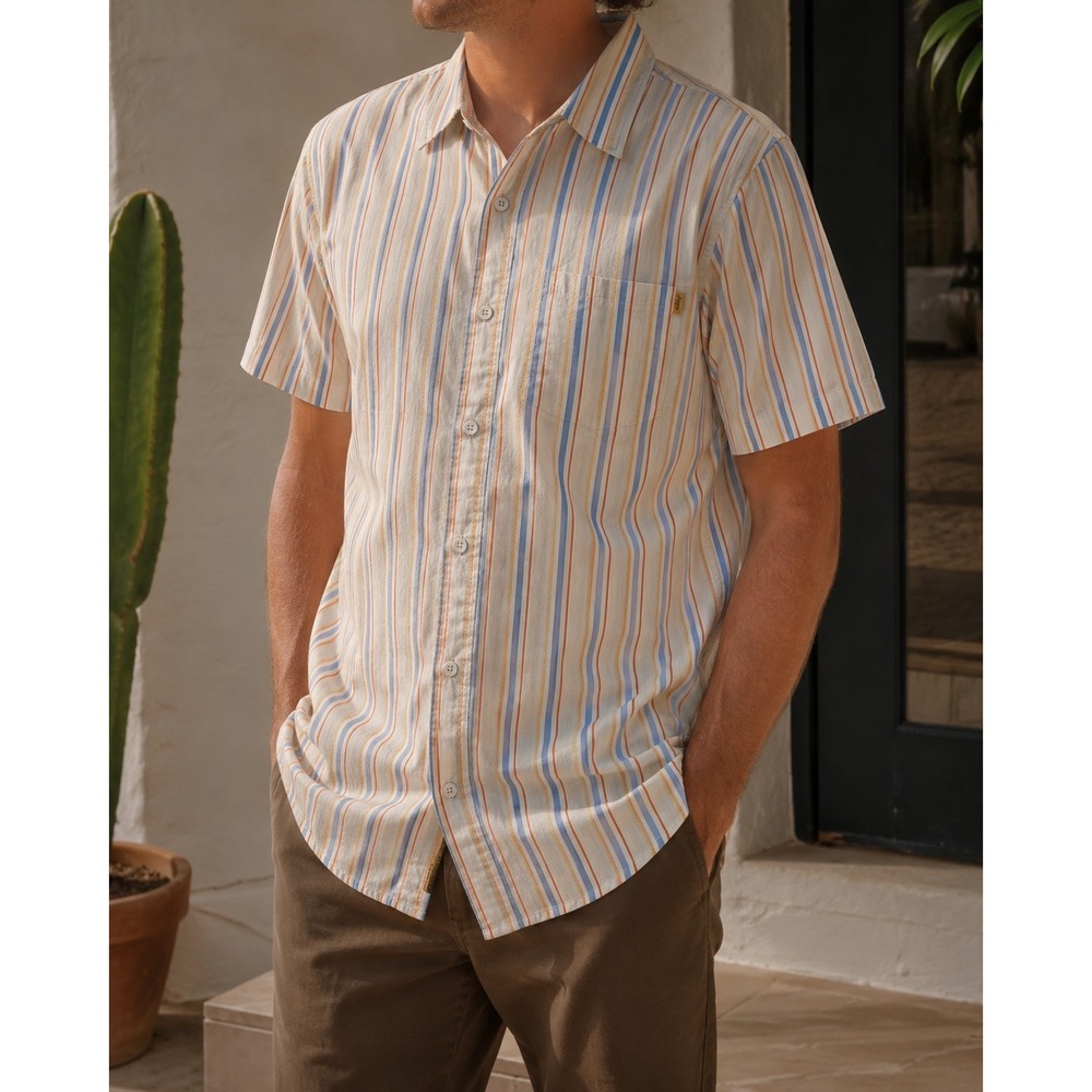 Fasthouse Customs Striped Button Up Shirt Mens L Tan Blue Orange Short Sleeve